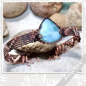 Larimar Eclectic Copper Artisan Wire Wrap Bangle Cuff (Turquoise / Aqua Blue)